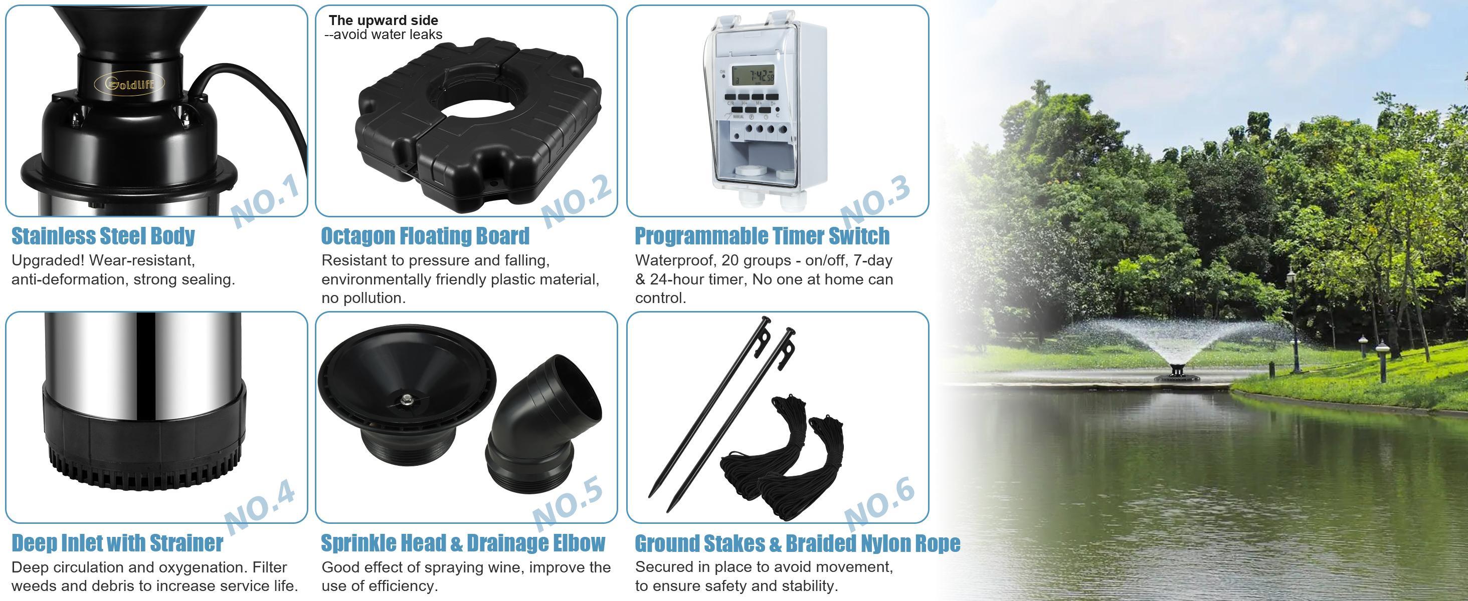 Goldlife Pond Fountain Aerator F1 Water Fountain Pump - 110V 1HP 750W 15000GPH, Without Light, 100FT Power Cord, V-Shaped Floating Pump, 2 Spraying Modes, 18" Deep Use for Outdoor Garden Lake Jet Systems,sohochic