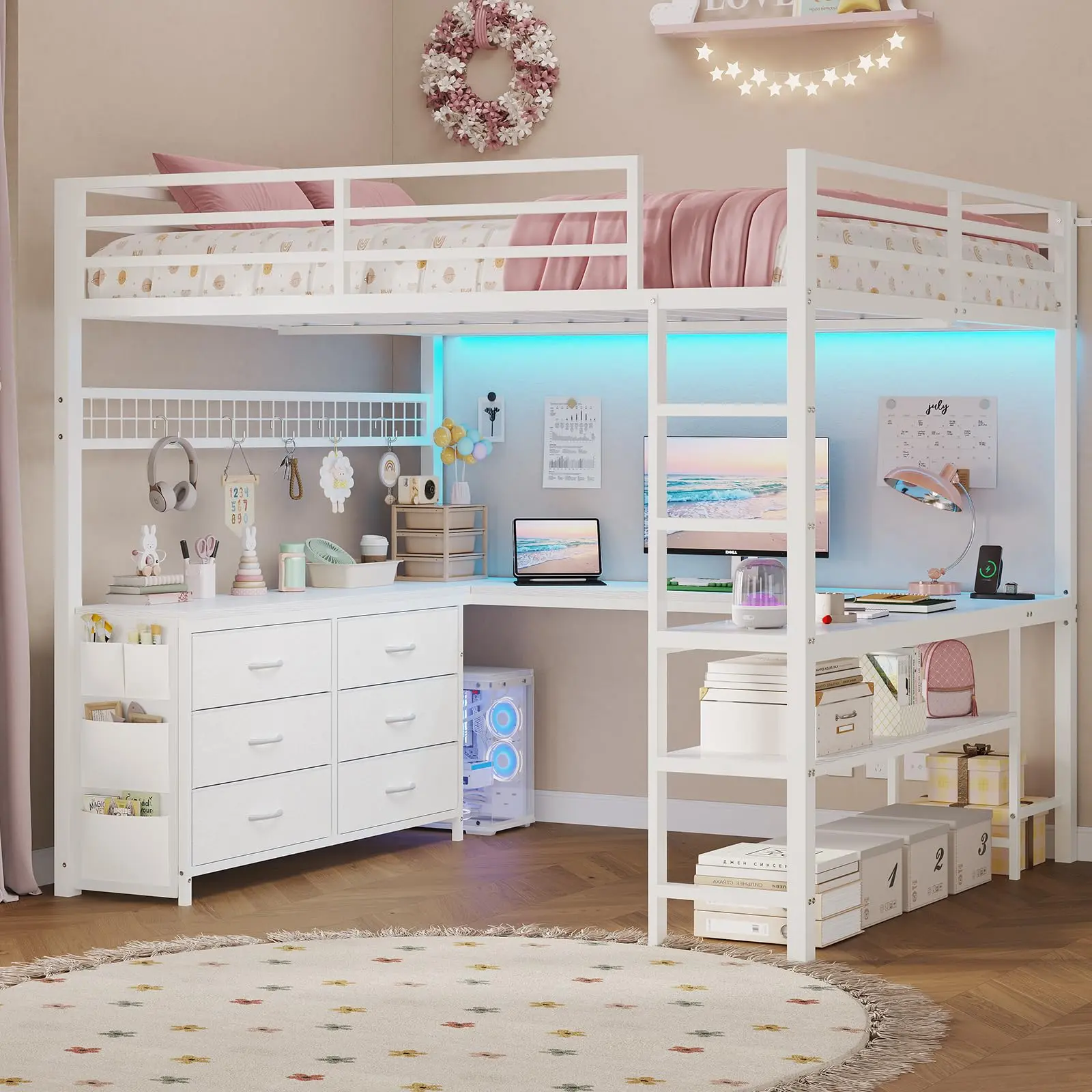 Sikaic Full Size Loft Bed with U-Shaped Desk, 6 Storage Drawers, LED Lights & Charging Station, Metal Loft Bed Frame with 2 Storage Shelves, Safety Guardrails and Ladders, Space-Saving Bed for Teens, White, Home Furniture, Dorm Essentials [tiktokshopbackt