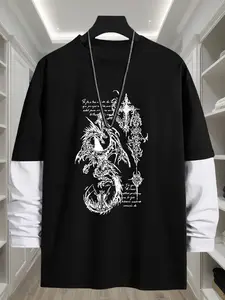 Gothic Dragon Print Loose Fit Long Sleeve Round Neck T-Shirt, Fashion Street Style Casual Top, Comfortable Trendy Gift