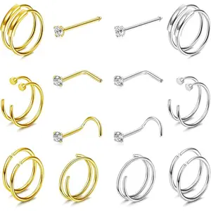 Cassieca 20 Count 22G 20G 18G Surgical Steel Nose Rings Hoop Studs Double Hoop Ring Cartilage Earrings Body Piercing Jewelry 1.5mm 2mm 2.5mm CZ Daily