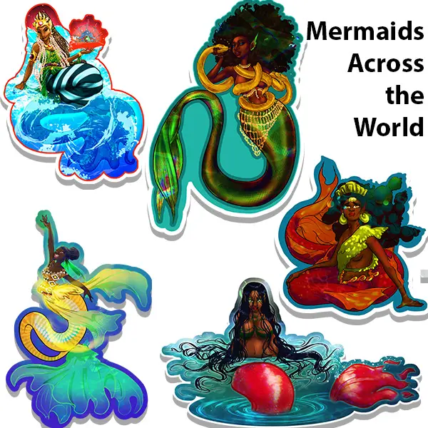 Handcrafted BIPOC Mermaid Goddesses Sea Creature Cute Stickers - Handmade Craft Collectibles, Mythology Queen Artargatis Themed, Water-Resistant, 2.1in W x 3.2in H & 3in W x 4.6in H, for Water Bottles, Laptops