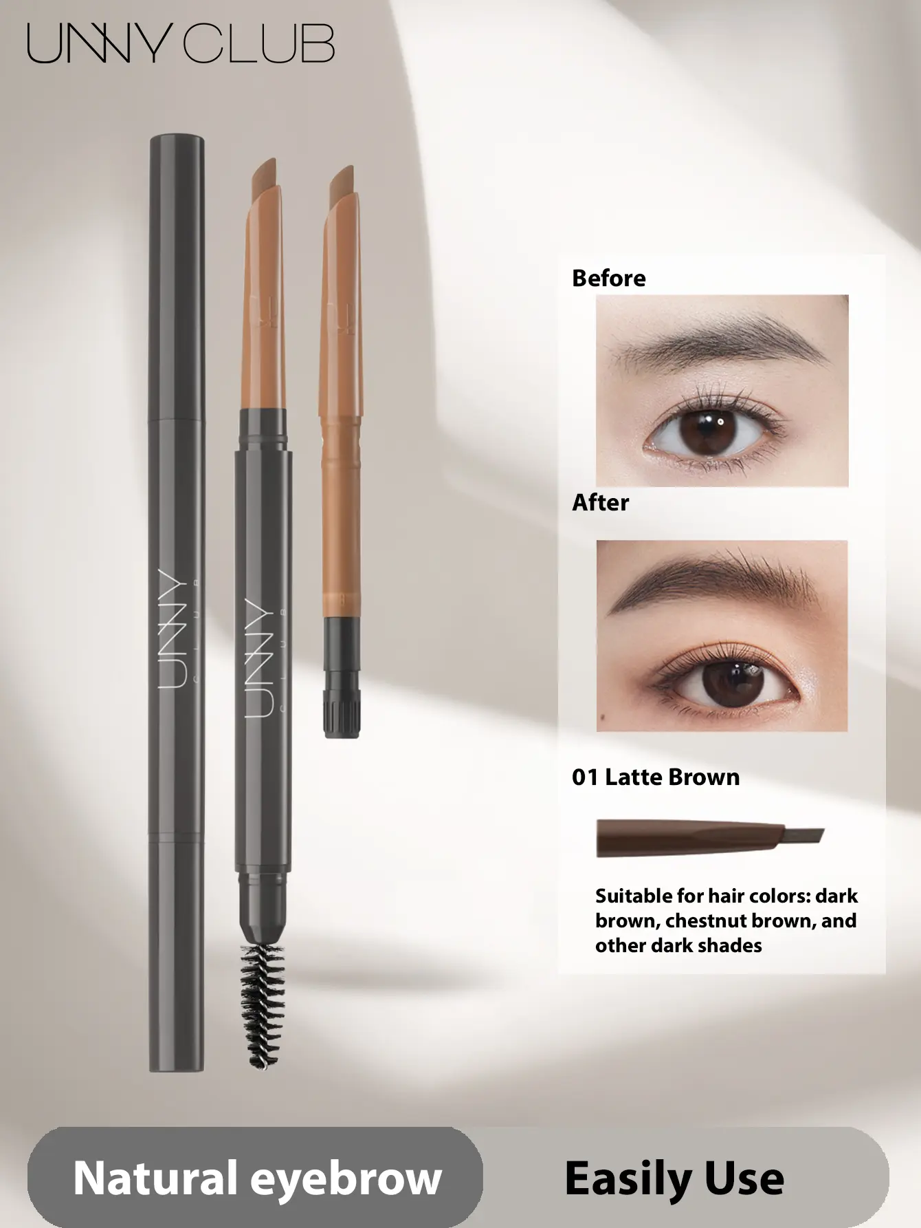 UNNY Waterproof Retractable Eyebrow Pencil with Brush, 1.5mm Angled Brow Pencil for Natural Hair-Like Brows, Long-Lasting Smudge-Proof Auto Brow Pencil with 2 Replaceable Refills