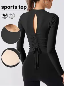 Women's long - sleeve sports top with a chest pad - moisture - wicking, featuring a sexy open - back cut and ruched drawstring design Sporty Top