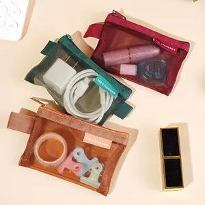 5pcs  Minimalist Nylon Mesh Cosmetic Pouches, Travel Organizer Clutches, Cosmetics Organizer, Hand Washable Lightweight Makeup Bags for Women Storage Bag Zipper Coin Wallet Transparent Mini Bag, Transparent Vanity Bag