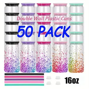 25/50pack Wholesale 16oz Double Wall Clear Plastic Snow Globe Cups - Easy DIY UV DTF Transfers - Transparent Soda Cups with Color PP Lids - Perfect for Craft Projects & Festive Gifts.  Bottled Drinkware Stopper Tumbler