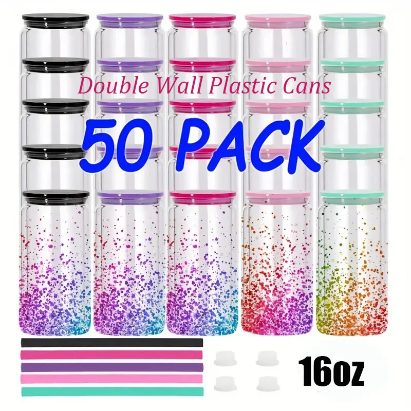 25/50-Pack 16oz Acrylic Snow Globe Cup with Color PP Lids for DIY Glitter & Craft Projects, Predrilled Double Wall Tumbler