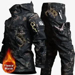 Winter Tactical Sets Men Outdoor Work Fleece Jacket Waterproof  Soft Shell Hooded Jacket Multi-pocket Cargo Pant 2 Pcs