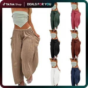 Women‘s Wide Leg Pants Casual Loose Beach Palazzo Harem Pants with Pockets Boho Style Summer Modest Clothing Trouser 2025 Trendy Outfit Plus Size Outdoorfun dealsforyoudays