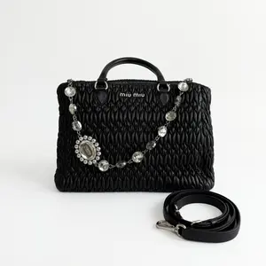 Pre-owned miumiu Matelassé Goat Skin Tote Bag Black with Crystal Chain CL001