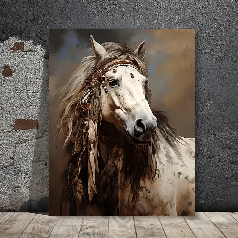 A Simple Style Horse Wall Art with Feathers and Beads - Modern Artistic Canvas Painting, Wooden Frame, Suitable for Home Office Decoration, Living Room Decorations, Indoor Wall Hanging, Christmas Gift, Horse Decoration