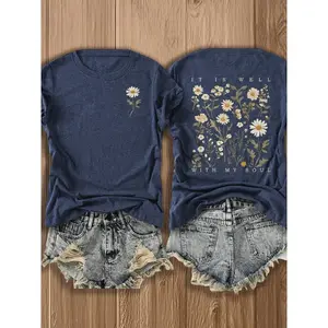 Women's Cotton-Spandex Round Neck Shortsleeve Lady T-Shirt - Chic Vintage Style Floral Wildflower Beach Double-Sided "It Is Well With My Soul" Graphic, Casual Summer 1-Piece Top, Printed, Tee