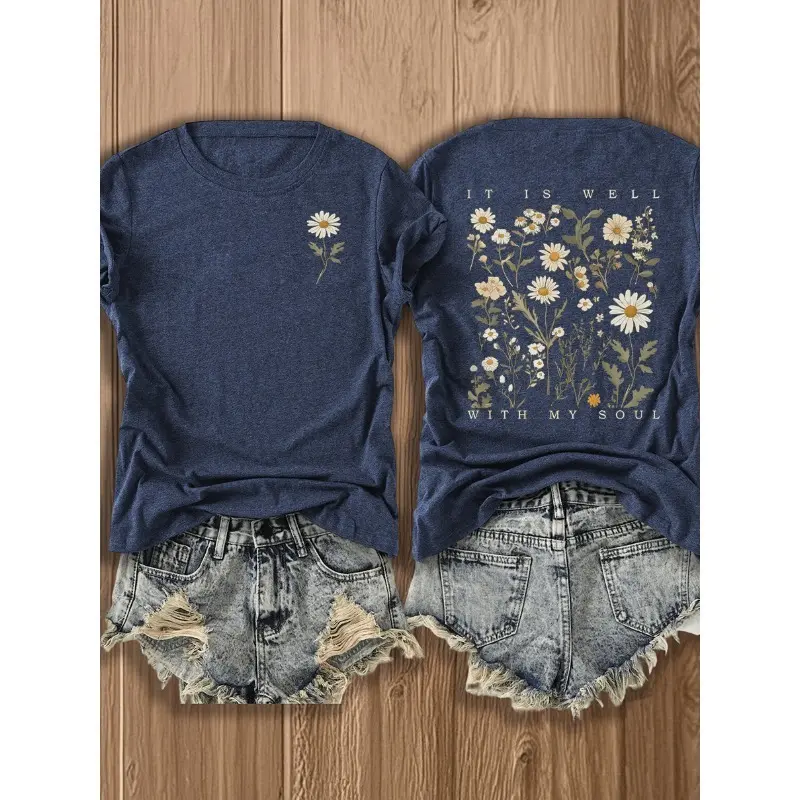 Women's Cotton-Spandex Round Neck Shortsleeve Lady T-Shirt - Chic Vintage Style Floral Wildflower Beach Double-Sided "It Is Well With My Soul" Graphic, Casual Summer 1-Piece Top, Printed, Tee