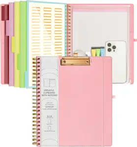 Pink Foldable Spiral Clipboard Folio with Storage Zipper Pouch, 5 Plastic Folders with 10 Pockets,Refillable Lined Notepad (11" x 8.5"), Hardcover Project Organizer with 39 Stickers