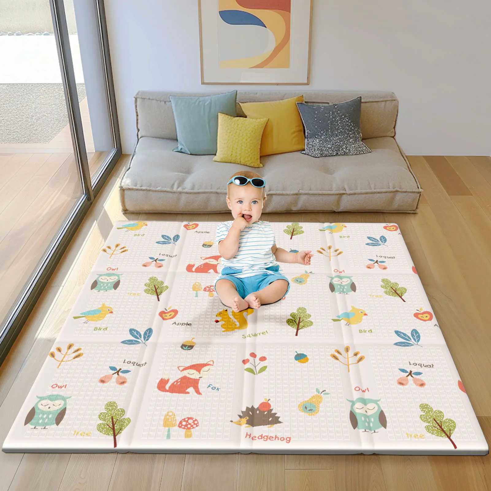 XVISHX Baby Foam Play Mat - 50*50*0.4 in Foldable, Waterproof, Portable Bisphenol A-Free Mat for Baby Playpen Floor, Non-Toxic Hygienic Play Space for Infants, Odorless, Spill Proof, Cute Animals, Dual-Sided, Shock Resistant, Yoga, High-Density, Picnic