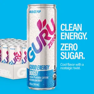 GURU ZERO SUGAR Organic Energy Drink with Plant Based Natural Caffeine from Green Tea, Coconut Water, Prebiotic, Zero Added Sugars, Gluten Free & Vegan, Pre Workout Beverage, 140MG Caffeine, 12 Oz (Pack of 24)