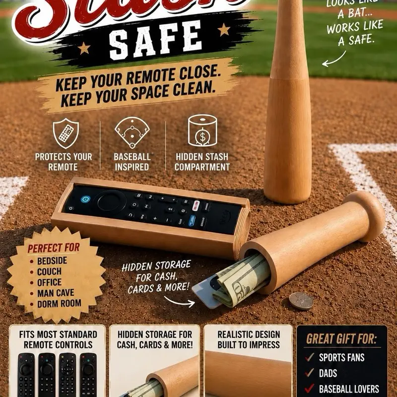 Wooden Baseball Bat Remote Control Holder, Hidden Storage Organizer with Secret Stash Compartment, Novelty Gift for Sports Fans