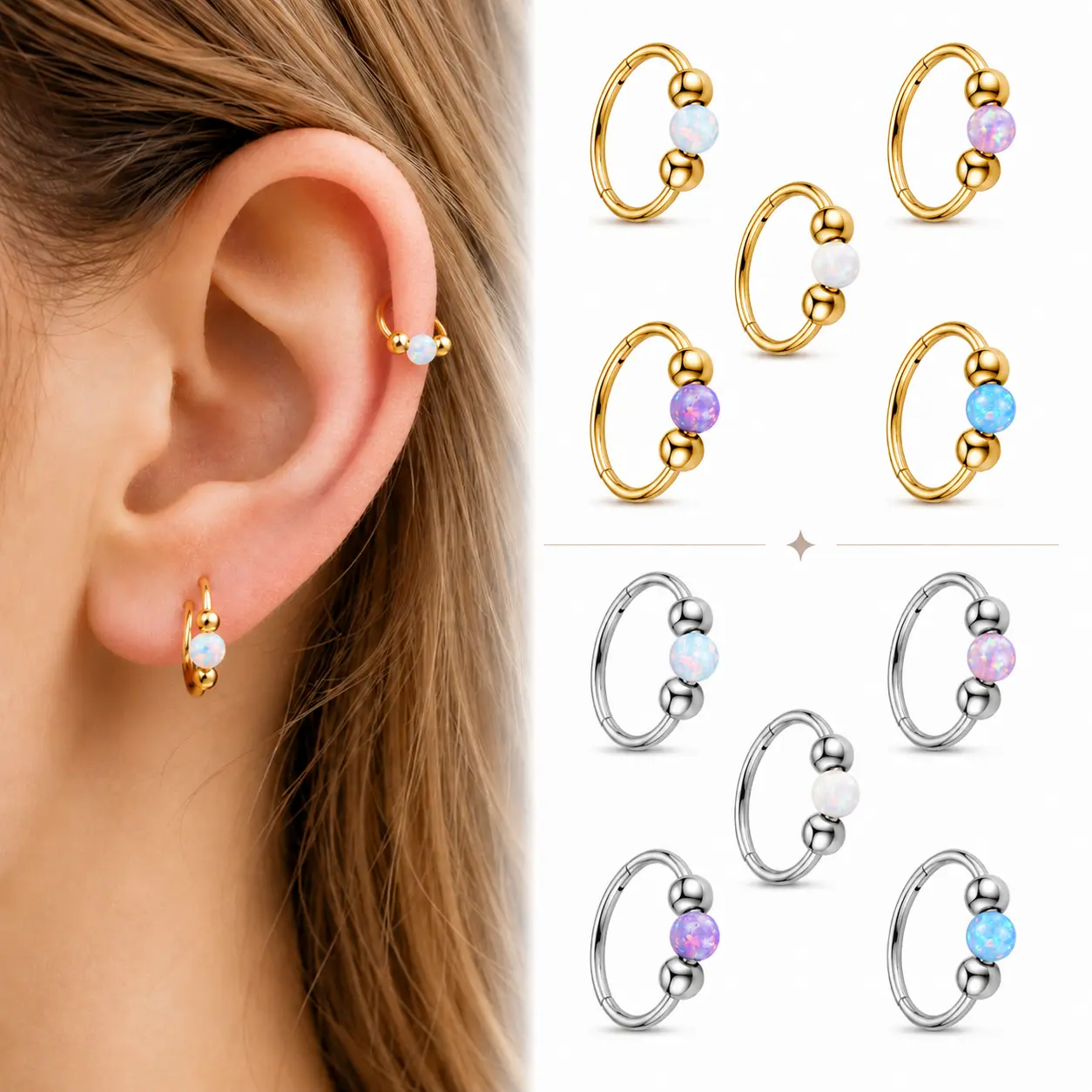 YLNWH 5PCS Opal Nose Rings & Hoop Earrings for Women, 18G 316L Surgical Steel Clicker Rings, Hypoallergenic Hinged Piercing Jewelry for Nose, Septum, Helix, Tragus, Cartilage & Lip