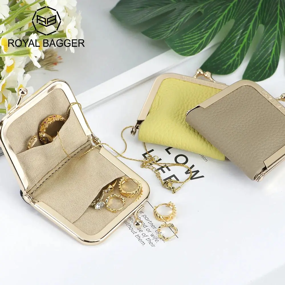 Royal Bagger Premium Genuine Leather Women's Mini Pocket Jewelry Organiser - Classic, Pocket Size, Small Jewelry Boxes & Organizers, Eco-Friendly, Slim Design, Kiss Lock Closure, Multiple Slots, Coins Stay Separated, Travel-Fit Model 3120, Gifts for Women