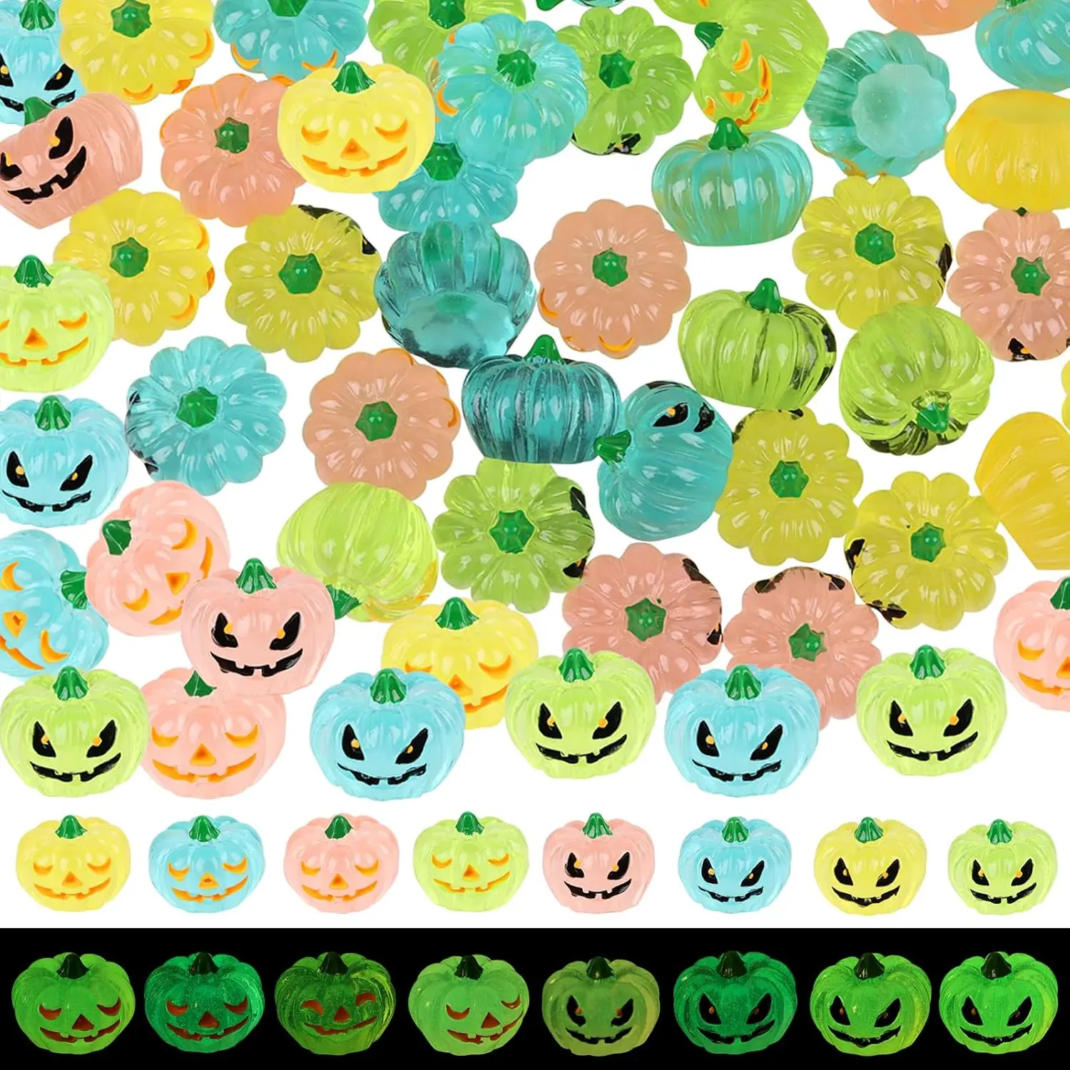 56-Piece Glow-in-the-Dark Resin Miniature Pumpkins Set - 0.98x0.75in Waterproof Resin Figurine Statue, Halloween Decoration Cake Topper with Glow, Crafters’ Haunted House Accents