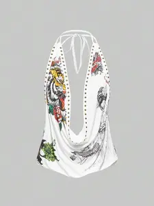 Grunge Punk Retro Y2K Chic Studded Vintage Tiger Head & Floral Geisha Print Rhinestone Sexy Deep Draped Neck Sleeveless Tank Tops For Women