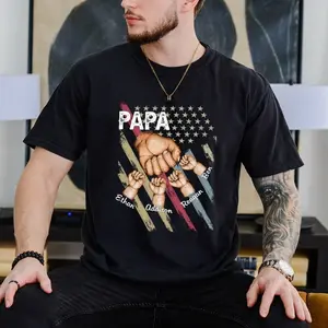 Personalized Papa Grandpa Shirt with Grandkids name Hands Flag T-Shirt,Custom Dad Raised Fist Bump Shirt, Custo Grandpa Father Day Gift 2024