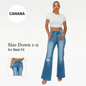 Valerie CANANA Super Stretchy High Rise Crossover Tapered Ripped Bootcut Jeans for Women SH25F15 Womenswear Comfortable Denim Bell Bottom Outfit Tummy Control Flare Leg Regular Size Plus Size