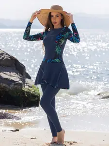 Women's Floral Pattern Long Sleeve One-Piece Swimsuit, Conservative Full Coverage Bikini Swimwear for Summer Beach, Middle East Style