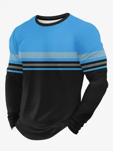 Men's Patchwork Color Block Striped Print Fitted Long Sleeve T-Shirt, Casual Streetwear Fashion Top, Comfortable Cotton Material, Perfect for Daily Wear, Casual Fashion Comfy
