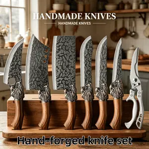 Professional Chef  Set - Handcrafted with Ergonomic Handle and Hammer-Finish Blade - Super Sharp Bone Cutting Knife, Butcher , Fish , Bread , Hatchet, Kitchen Scissors - Perfect for Home Use, Mother's Gift Meat Dragon 7Pcs outdoorfun