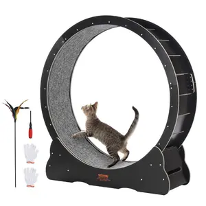 VEVOR Wooden Cat Exercise Wheel, 43.3 Large Cat Treadmill Wheel for Indoor Cats, Cat Running Wheel with Detachable Carpet Cat Teaser for Running/Walking/Training, Suitable for Most Cats Black