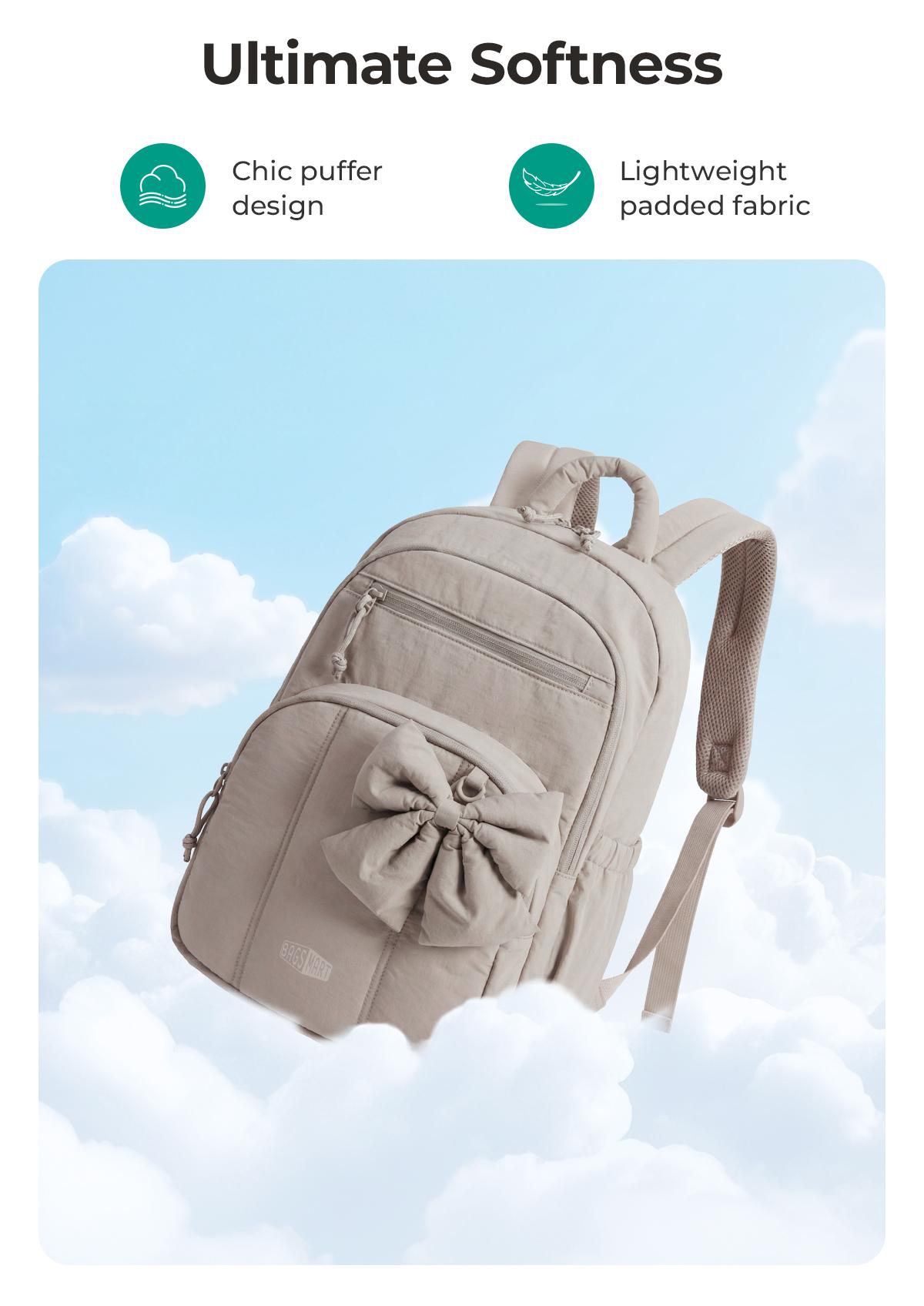 【NEW IN】BAGSMART Cute Puffer Backpack for School Girls, Detachable Bow Lightweight 15.6" Laptop Bag, Durable Nylon Daypack for Travel & Commute