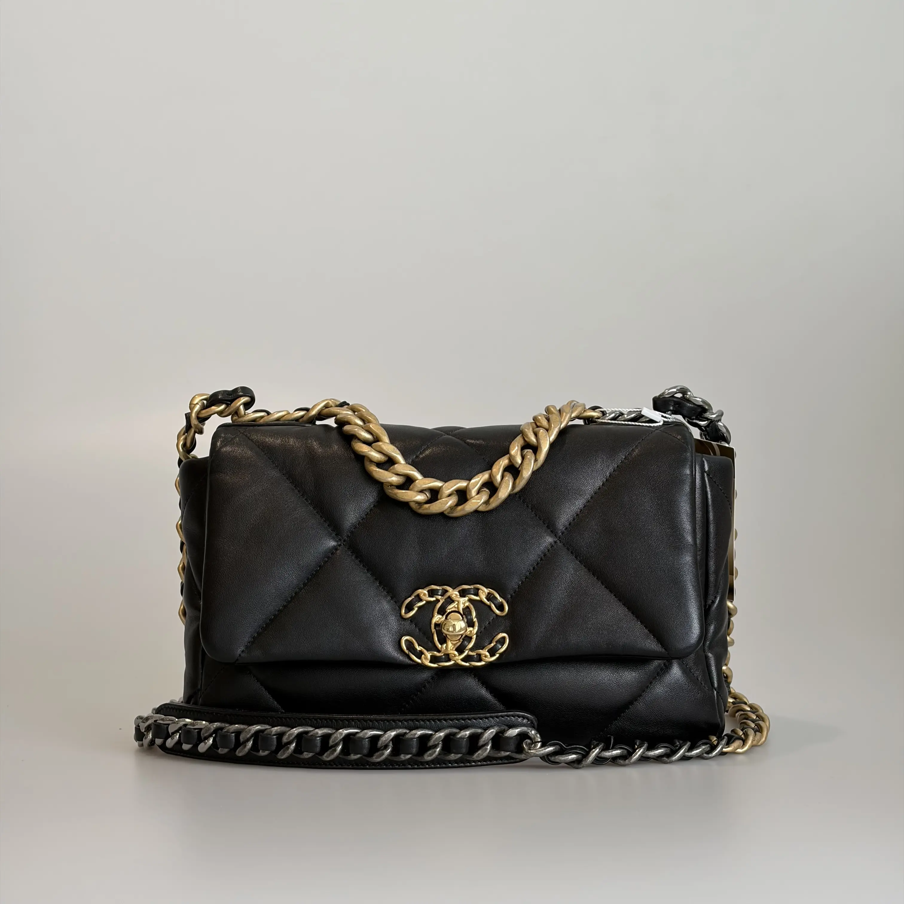 Pre-owned CHANEL Lambskin Shoulder Bag 19 Bag Mini Black Quilted Two tone Gold & Silver Hardware Chain 63635445 Sold As Is / Final Sale