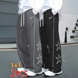 2-Pack 2026 Unisex Track Pants - Star Print Reflective Strip, Loose Straight-Leg Casual Athletic Trousers