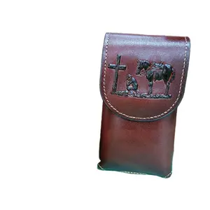 Praying Cowboy Leather Phone Belt Holster Embossed 6x3.5 inches magnetic closure for medium phones.