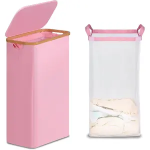 Slim Laundry Basket with Lid, Narrow Laundry Hamper with Removable Bag, Skinny Dirty Clothes Basket with  Handles for Bathroom, Bedroom & Laundry Room, 75L Pink