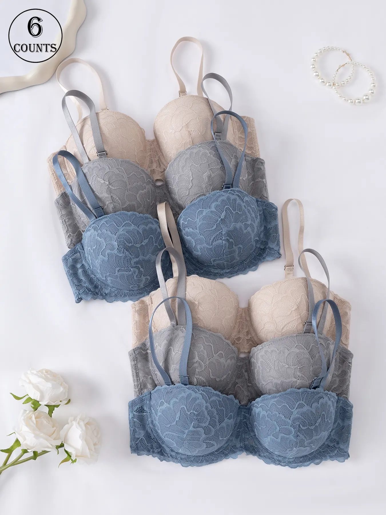 6piece set of solid color lace spliced lingerie, everyday bra for all seasons, gathers and lifts to enhance bust and back, lightweight breathable comfortable skin-friendly, one-piece women's bra with hook closure, Unlined lace bra, Breathable fit bra