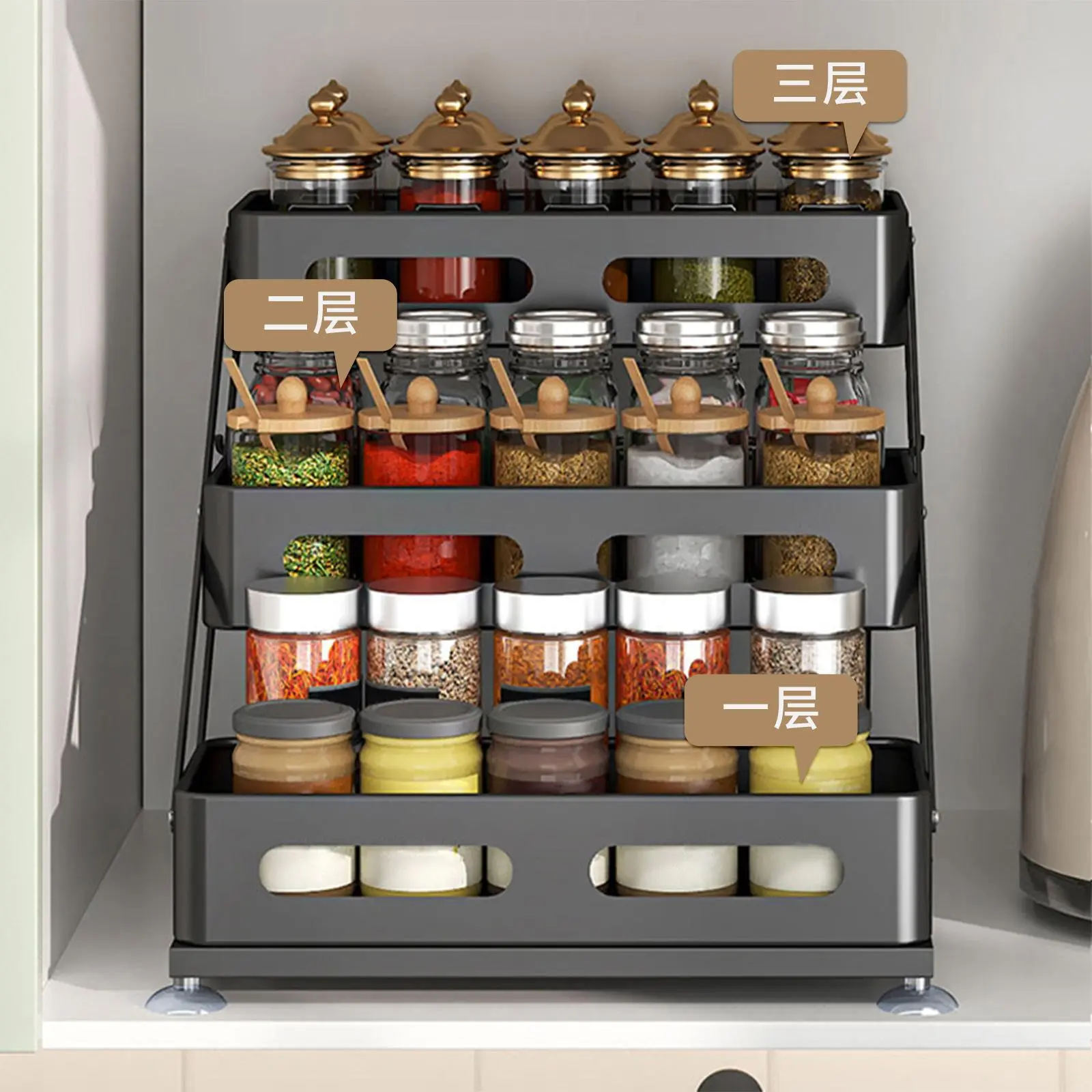 1 Set Of 3-Layer Carbon Steel Kitchen Spice Rack Adjustable Height Condiment Rack Countertop Household Clip-On Oil Salt Sauce And Vinegar Seasoning Storage Rack