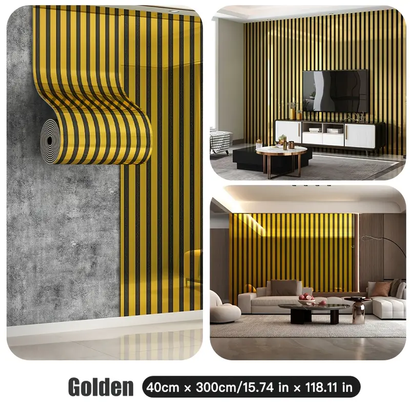Metallic Peel-and-Stick Wallpaper, 15.7x118.11" Gold & Silver Striped Self-Adhesive Waterproof Removable Contact Paper for TV Accent Wall, Bedroom, Cabinet Decor