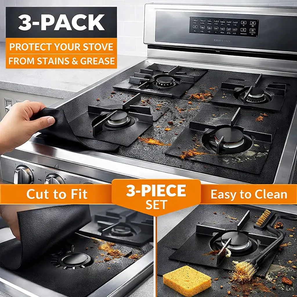 3-Pack Reusable Stove Splatter Guards - 32in Wide Extra Long Gas Range Burner Protectors, Non-Stick, Heat Resistant, Cut to Fit, 0.5mm Thick, Durable, BPA-Free, No Melt, Dishwasher Safe Kitchen Stove Top Covers for Easy Cleaning