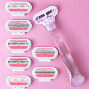 1 Handle+8 Blades/ Women Bikini Manual Razor Blade Hair Removal Shaving Body Hair Remover Body Care Smooth 3-Layer Stainless Steel Blade Replaceable Pink Shaver Head