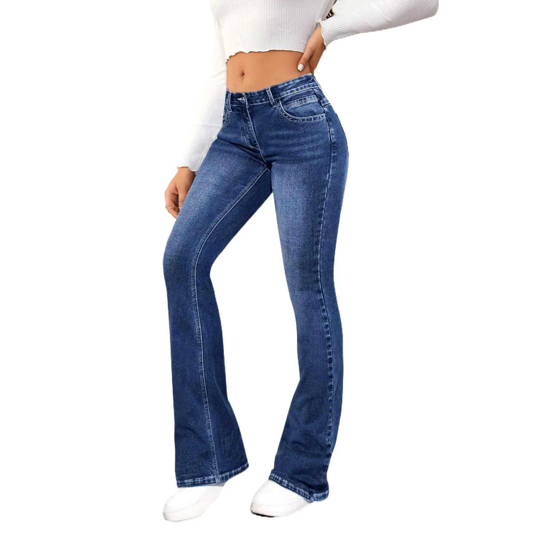 H&B Women's Classic Fitted Flared Denim Pants - Blue Casual Comfort Slim Fit Trouser with Pocket, Minimalist Basic Design, Versatile Womenswear, Fitted Flared Jeans