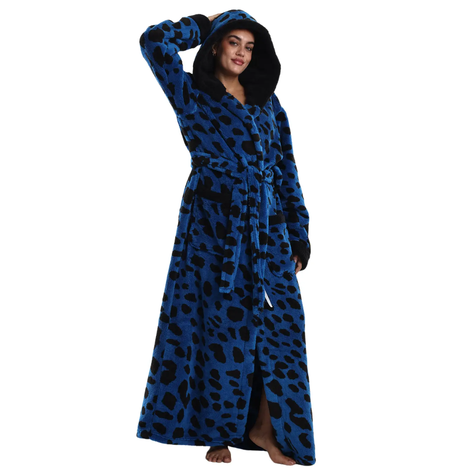 Hooded Leopard Print Long Bathrobe for Women, Thick Fuzzy Flannel Lined House Robe, Cozy Warm Full Length Loungewear Sleep Robe for Halloween