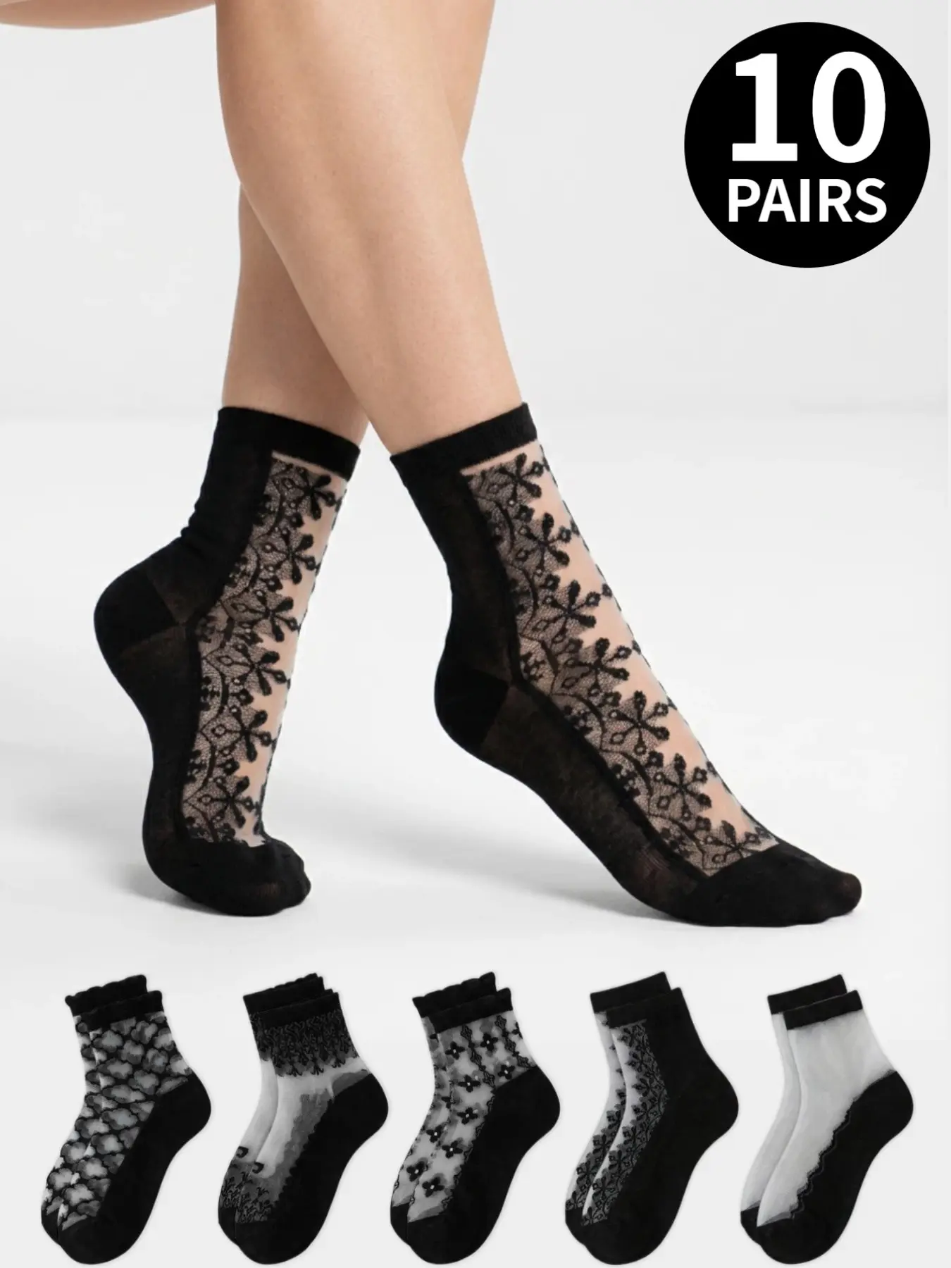 10 pairs of women's vintage floral lace-print sheer knee-high socks—stylish, casual, comfortable, and breathable for all seasons, perfect for everyday wear, Elegance, Womenswear, Stocking Socks