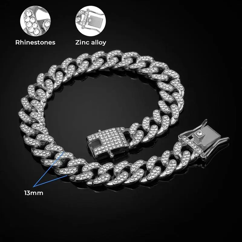16-in Width 13mm Silver Cuban Link Dog Collar - Durable Zinc Alloy, Bling Crystal Accents, Zirconia, Lightweight, Comfortable, Secure Fit, Functional Fashionable Pet Neck Accessory for Small-Medium Dogs, Ideal for Birthdays Christmas