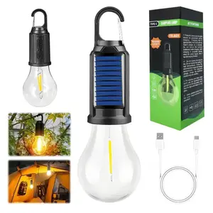 Solar LED Camping Lights with Hook - Type-C Rechargeable, 3 Lighting Modes (High/Low/Strobe), 18650 Lithium Battery, Compact, Waterproof IPX4, Sleek Portable Durable Tent Lights for Hiking, Hurricane Emergency Lighting