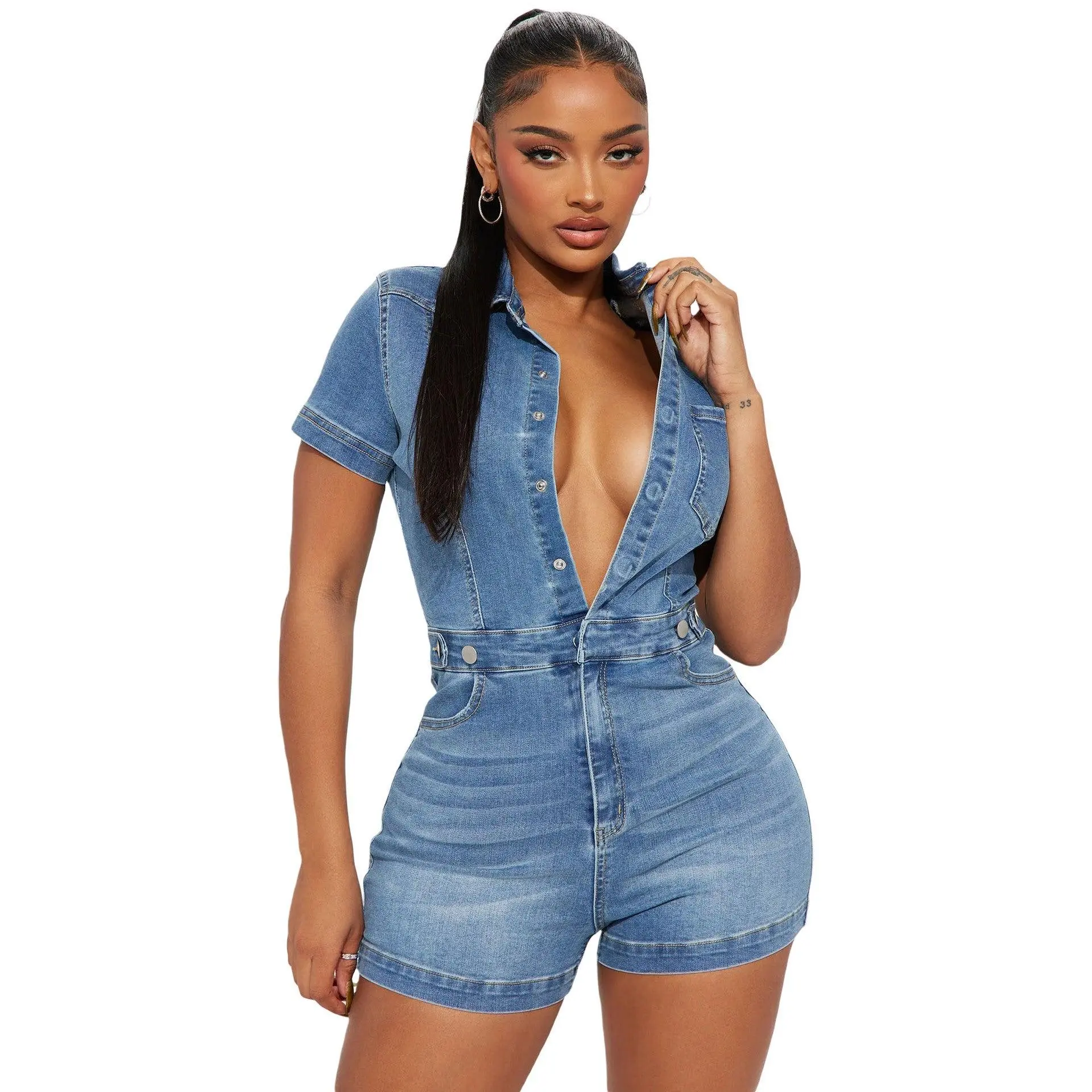 Women's Chic Denim Short-Sleeve Overalls Romper with Buttons and Pockets, Shortsleeve, Denim Fabric