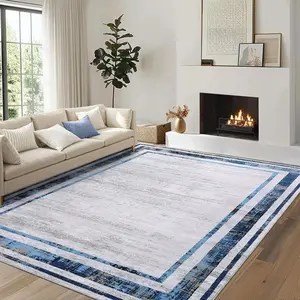 Gaomon 9x12 Low-Pile Modern Polyester Fiber Runner Rug - High Traffic, Non-Slip, Stain-Resistant, Soft Distressed, Machine Washable Blue Rug for Hallways, Kitchen