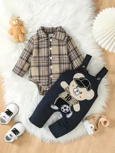Ready Stock 1-18M Newborn Baby Boys Clothes Plaid Long Sleeve Lapel Collar Romper & Bear Embroidery Suspender Pants Set 2Pcs Cute Outfits,As Gift 42506004