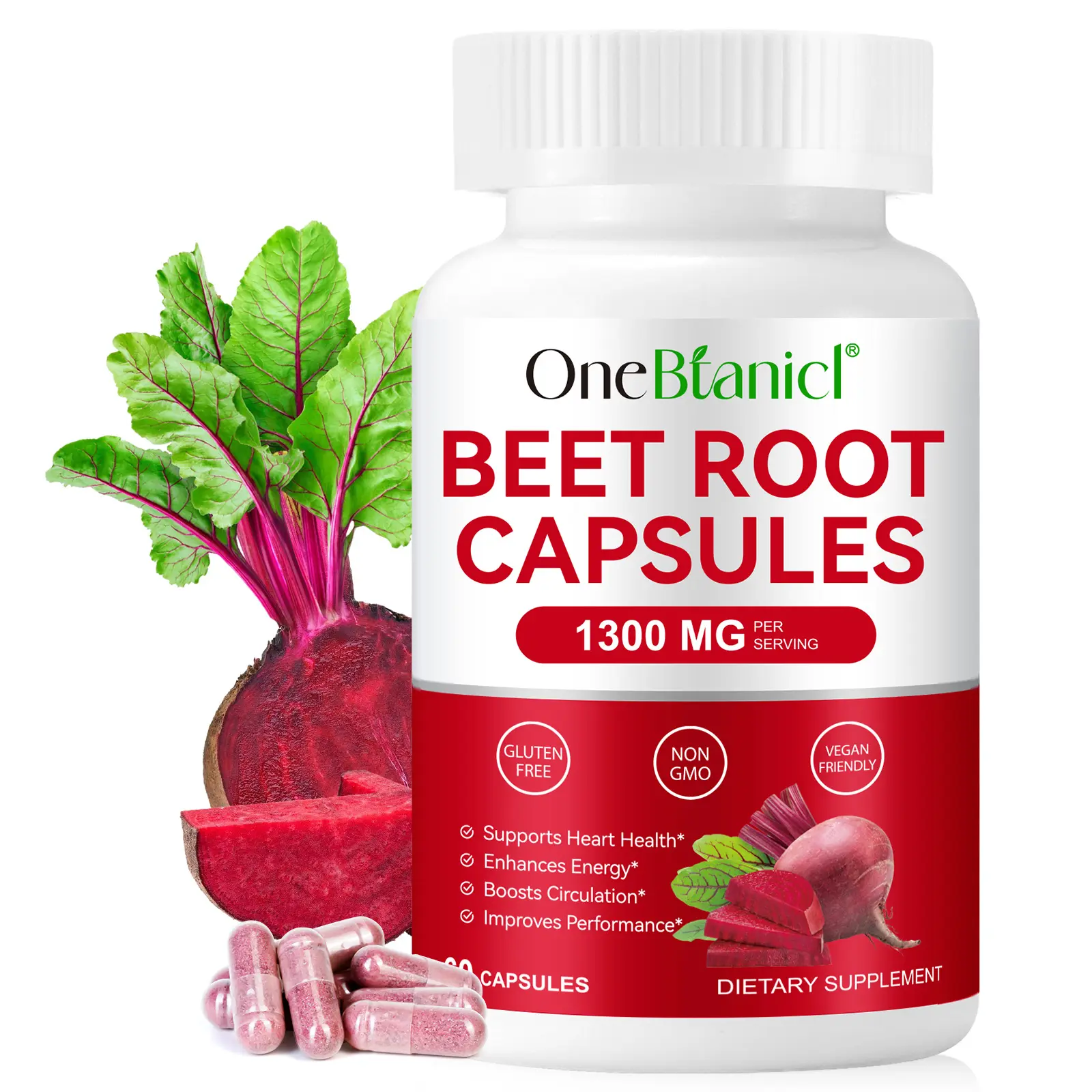 ONEBTANICL Certified Organic Beet Supplement Capsules - 1300mg Per Serving, 100g Powder, Non-GMO, 60 Capsules (30-Day Supply), 3-Year Shelf Life, Plant-Based Natural Supplement, Organic Beet Boost, Vitamins for Adult Cardiovascular Health & Energy Support
