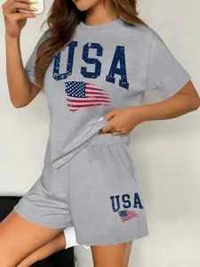 2-Pack Crew Neck Women's Short Sleeve Shorts Set Womenswear American Flag American Patriotic Style Print Pattern Retro Casual Style Casual Wear Clothes Solid Color T-Shirt and Hot Pants Set Suitable for Daily, Everyday Wear